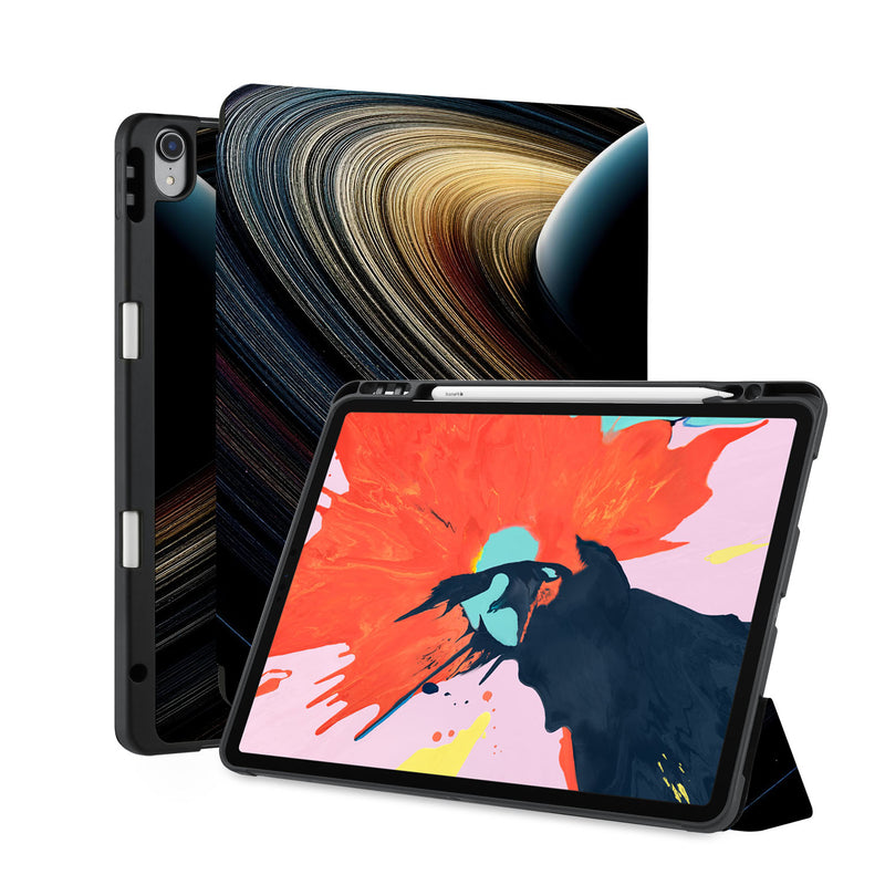 front back and stand view of personalized iPad case with pencil holder and Universe design - swap