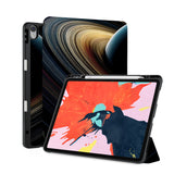 front back and stand view of personalized iPad case with pencil holder and Universe design - swap