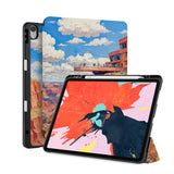 front back and stand view of personalized iPad case with pencil holder and US Famous Attractions design - swap